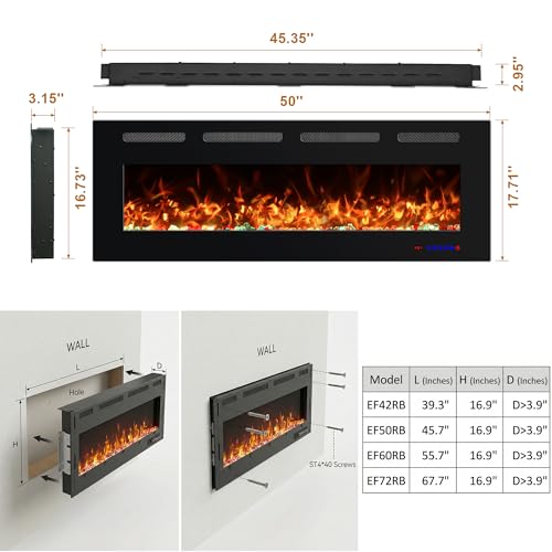 Oxhark Flame 50 Inches Electric Fireplace, Wall Mounted Fireplace Inserts Electric Heater, Flame Effects Like Real Flame, Low Noise, Timer & Thermostat Setting, 750W/1500W by Oxhark Flame - Image 2