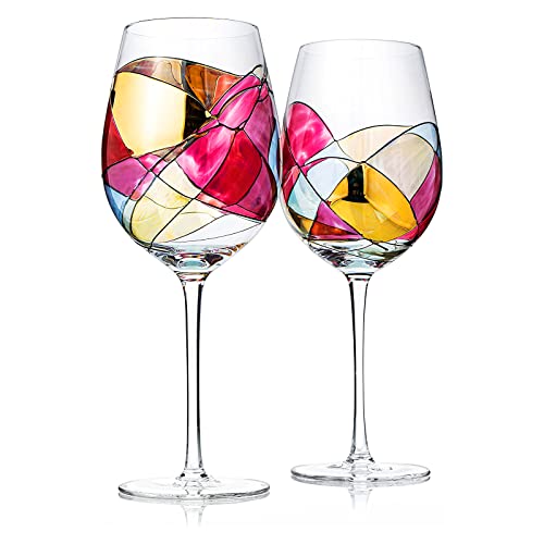 Artisanal Hand Painted Renaissance Stained Glass Wine Glasses 2 Set Valentines Day Gift Gift Idea Her Him Birthday Housewarming Large Goblets 29oz Glassware Gifts for Women Stemmed