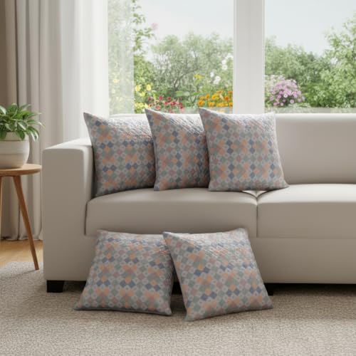 Image of STITCHNEST 'QuadraNest' Series Printed Quilted Velvet Cushion Cover 16x16 Inch Set of 5 | Premium Soft Fabric, Washable & Fade Resistant | Decorative Living Room Cushion Covers | Serene Pastel Check
