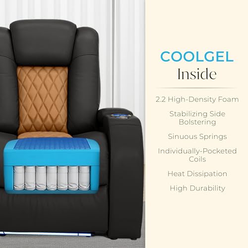 Image of Seatcraft Diamante Black /Tan Oak Italian Leather Home Theater Seating, Zero Gravity Power Recliner, Gaming and Home Office Chair, Powered Headrest Furniture for Cinema Room, Row of 4 Middle Loveseats