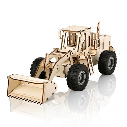 Cuteefun Maquette Voiture en Bois, Puzzle 3D Mécanique, Fonction Pull-Back, Artisanat & Déco de Bureau, Cadeau pour Adultes Ados & Amateurs de Voitures (Bulldozer)