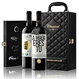 «La magia eres tú» Mensaje en una Botella. Estuche-Maletín de LUJO 2x Vino Tinto Premium Reserva 12 Meses y Set de 4 Accesorios. Etiqueta Blanca PERSONALIZABLE