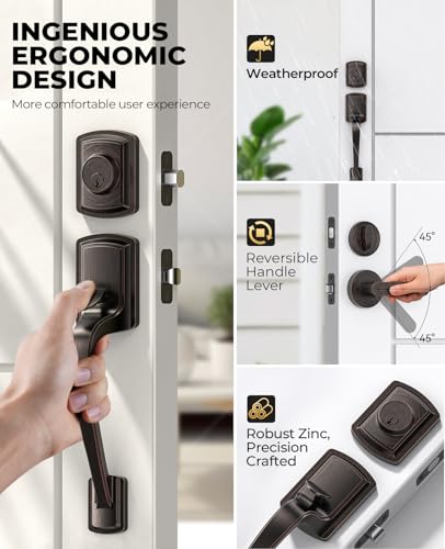 Image of Front Door Handle and Deadbolt Set for Right & Left, Front Door Lock Set with Single Cylinder Deadbolt, Entry Doors Locksets with Modern Exterior Handle, Reversible Lever, Oil Rubbed Bronze