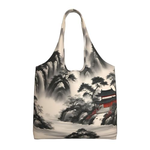 LLOTPQ Bolsas de lona con estampado de estrellas de mar y conchas, bolsas de comestibles para mujer, bolsa de almacenamiento para compras, viajes, playa y uso diario, Pintura de paisaje, Talla única