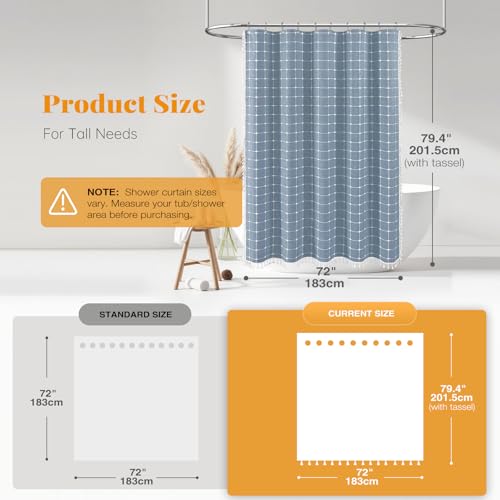 Image of BTTN 78 Inch Long Shower Curtain - Boho Farmhouse Linen Ultra Thick Fabric Shower Curtain Set with Plastic Hooks, Tall Rustic Country Weighted Cloth Shower Curtains for Bathroom Decor - Blue - 72x78