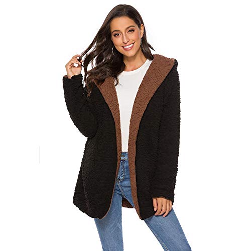 Women Casual Reversible Warm Faux Fur Shearling Shaggy Outwear Cardigan Coat with Pockets (Black,L)