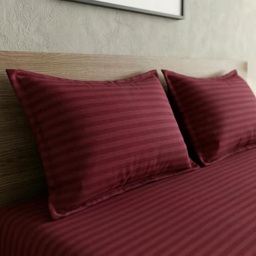 Image of Home Sizzler 300TC Cotton Maroon Satin Striped Double Bedsheet with 2 King Size Pillow Covers, 90 inchX92 inch