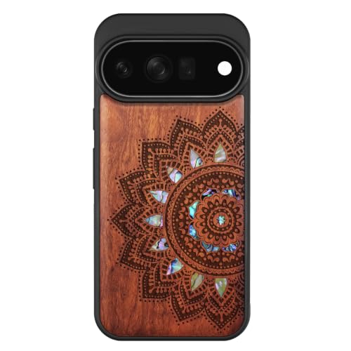 Coque pour Pixel 11 Pro Carveit en bois de rose avec gravure mandala et aimant Magsafe protecteur