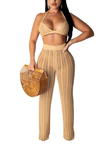 Rela Bota Women Two Piece Outfits Clubwear Hollow Out Bra Top Bikini and Long Pants Beach Cover Up Apricot S