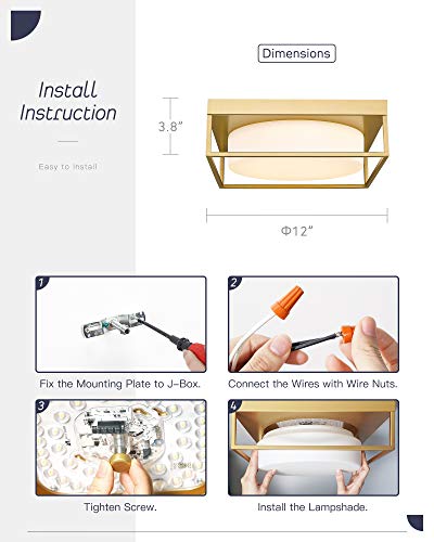 Caldion Led Ceiling Light, 12” 24W 950Lumens Square Flush Mount Ceiling Light Fixture, Dimmable 3000K, Gold Finish With Frosted Glass, Modern Ceiling Lamp For Bedroom, Kitchen, Hallway, 6870Lfm-Gd #TOP5