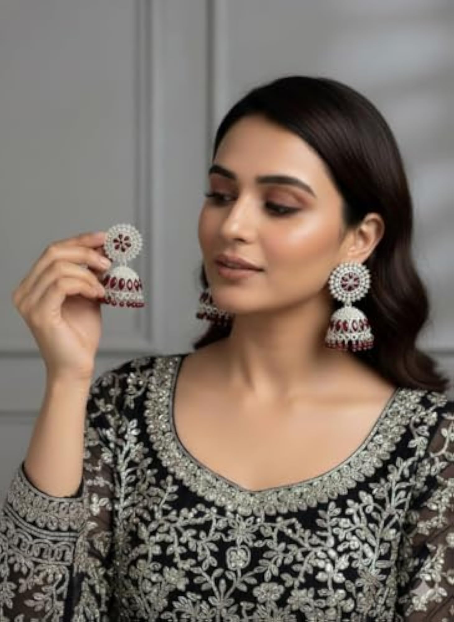 Women's Oxidised Floral Chandbali Jhumka Earrings with Black Stone