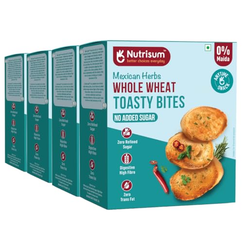 Image of Nutrisum Whole Grain Toast /Toasty Bites - No Maida, Sugar-Free, High Fiber healthy snack| Made Real Butter & Olive Oil | Perfect with Tea| Anytime Snack Mexican herb Flavour Toast (150gms x Pack of 4)