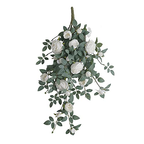 Wnvivi Artificial Rose Flower Swag, 32 Inch Decorative Flower Swag with Green Leaves Artificial Teardrop Wreath Spring Summer Flower Arrangements for Front Door Wall Table Decor, White