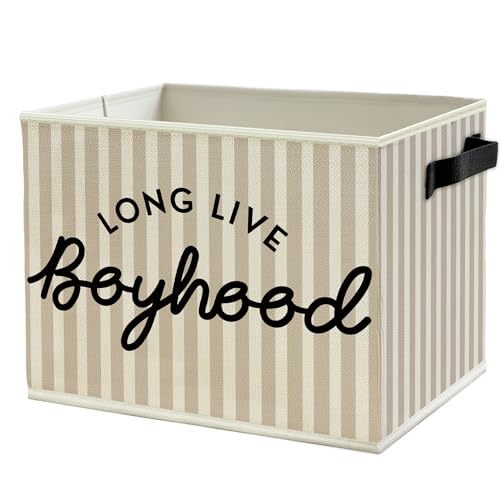 Image of Black Long Live Boyhood Boys Storage Bins Box with Handles, Beige Stripe Collapsible Basket Organizer for Kids Teen Boy Nursery Room Bedroom Bathroom Playroom Books Clothes