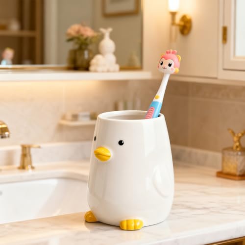 Keramik-Zahnbürstenhalter für Kinder, Stifthalter für den Schreibtisch, niedliche Ente, Make-up-Pinsel, niedlicher Tierbecher, passend für Büro, Schule, Zuhause, Gelb (10 cm H)