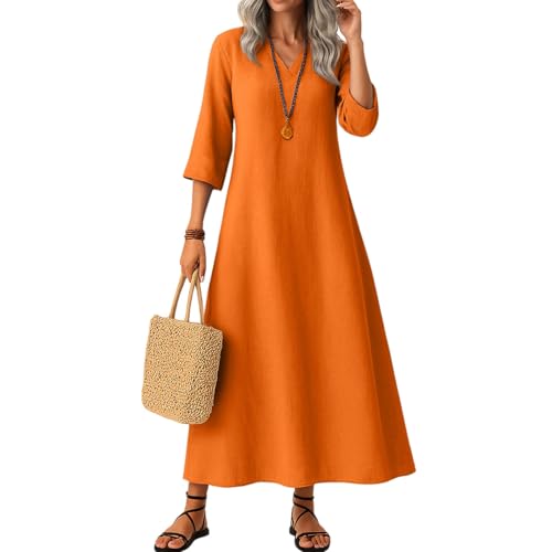 Maxi Dresses for Womens Casual Summer Boho 3/4 Sleeve Cotton Linen Long Dress Elegant Classy Beach Vacation Ladies Dresses Orange