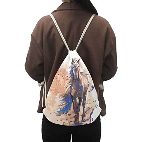 Coeqine Painting Horse Print Gym Drawstring Bag For Travel Outdoor Sport Sack Lightweight String Bag School Backpack For Women Girls Teen,Brown #TOP1