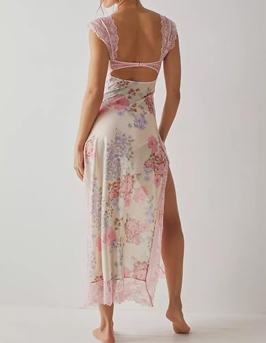 Image of Women Sexy Lace Patchwork Mesh Dress Floral Print Cutout Sweetheart Neck Backless Slit Summer Maxi Dress