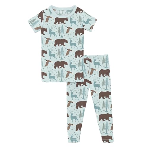 KicKee Print Short Sleeve Pajama Set, Baby to Kid, Viscose from Bamboo Fitted Pajamas, Seasonal Collections, Outdoors (Fresh Air Forest Adventure - 8 Years)