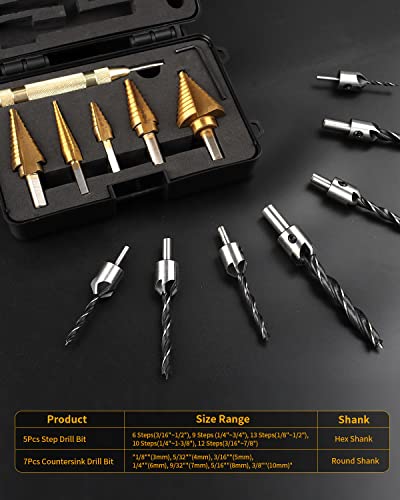 5Pcs Titanium Step Drill Bit Set, 7Pcs Countersink Drill Bit Set, Wenhuali 14-Pcs Wood Working Tools With Automatic Center Punch For Metal Wood, Plastic With Handy Case. #TOP4
