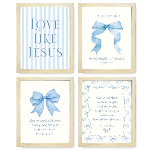 LARTSFRO Coquette Blue Bow Jesus Wall Art Decor Posters, Light Blue Bow Room Bedroom Bathroom Dorm Wall Art Decor Aesthetic for College Teen Girls Gifts, Inspirational Bible Verses Bow Wall Decor Deal