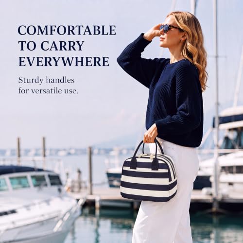 Image of LOVELYWIND Lunch Box for Women, Insulated Lunch Bag, Navy Stripe Tote
