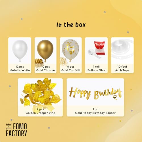 Image of The FOMO Factory Golden Birthday Decoration Kit | Golden Balloons for Decoration, Banner, Aritficial Leaves, Confetti - Easy Unique Husband Wife Birthday Decoration Ideas - Surprise Party (GVine)