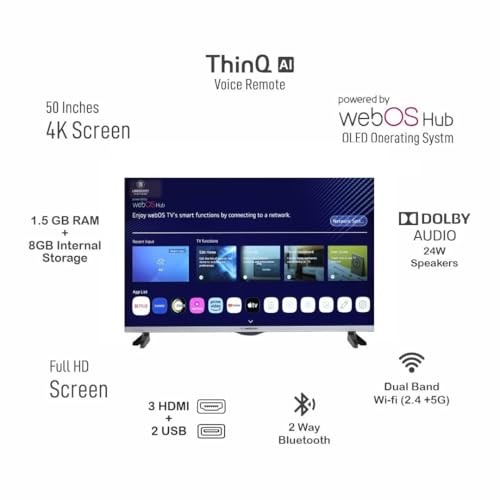 Image of Limeberry 50 inch 4K Ultra HD Smart OLED TV | WebOS | Dolby Soundbar | Frameless Slim Design | Magic Voice Remote | HDR, HLG | 3 HDMI, 2 USB | EOLED50 (Black)