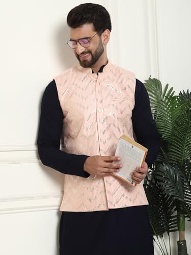Image of SOJANYA (Since 1958 Men's Cotton Linen Maroon Kurta and White Pyjama with Mustard Cotton Nehru Jacket