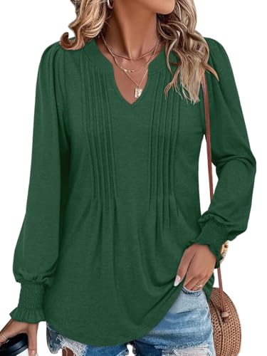 BETTE BOUTIK Long Sleeve Shirts for Women Fall Tops Dressy Blouses Pleated V Neck Tunic Tops for Leggings S-3XL