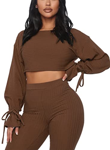 Solid Color Two Piece Outfits For Women, Ribbed Long Sleeve Crop Top And Bodycon Jogger Pants Clubwear Ribbed Tracksuit Sweatsuit, Women's Fall Loose Athletic Clothing 2 Piece Sets (Coffee-1, M) #TOP2