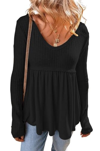 MARZXIN Women's 2025 Fall Long Sleeve Casual T-Shirt Textured Long Sleeve V Neck Babydoll Tunic Tops