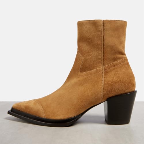 FSJ Women Classic Pointed Toe Stacked Mid Heel Ankle Booties Solid Color Chunky Heel Side Zipper Short Boots Stylish Dress Shoes Size 4-16 US2