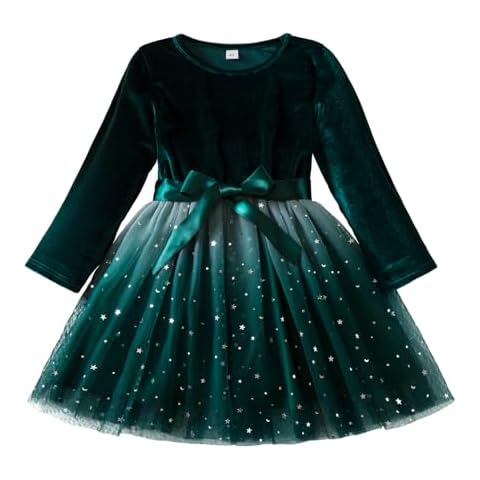 HNXDYY Little Girl Tulle Star Sequin Velvet Dress Long Sleeve Party Princess Vintage Winter Autumn Clothes 115C-Green Size (7Y) 7-8 Years Cover