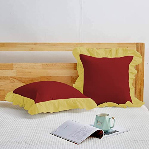 Image of YRM Bedding's Ruffle Beautiful Cushion Cover | Super Soft Elegant Premium Microfiber Frill Cushion Cover Set of 2 (16 inchx16 inch Inches) (Burgundy /Gold)