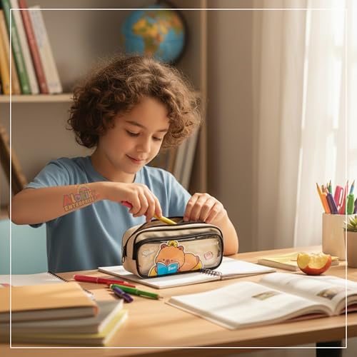 Image of Alokik Enterprise Cute Cartoon Pencil Pouch with Double Zipper & Transparent Window, Large Capacity Fabric Pen Case for School, Office, Students, Kids & Teens (Good Study Off White Pouch)