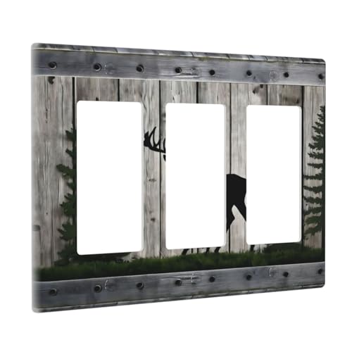 Decorative Outlet Covers Rustic Deer Elk Forest Grey Wood Board 3 Gang Wall Plate Triple Rocker Light Switch Cover Plate Jumbo Electrical Gfci Faceplate for Farmhouse Decor