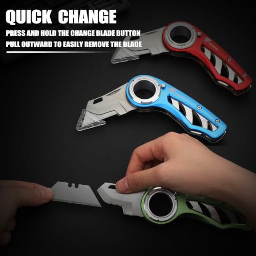 Image of Tondiamo 3 Pcs Folding Pocket Utility Knife Heavy Duty Box Cutter Folding Razor Knife with Anti Slip Finger Loop Easy Change Blades 3 Lock Positions Design (Red,Blue,Green)