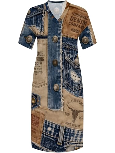 Image of SUZONANA Plus Size Denim Print Maxi Dresses for Women Casual V Neck Short Sleeve with Pockets Soft Jean Look Dress XL-6XL