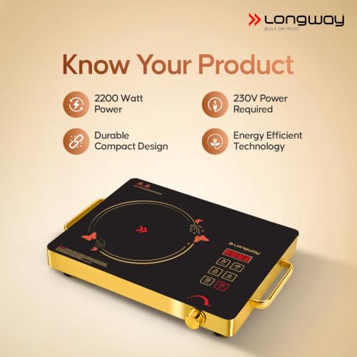 Image of Longway Infralite Pro 2200W Infrared Induction Cooktop with Steel Grill Rack, Crystal Glass Top, Touch Panel & Digital Display, 4 Preset Modes - Stir Fry, BBQ, Hot Pot & Steam, Golden