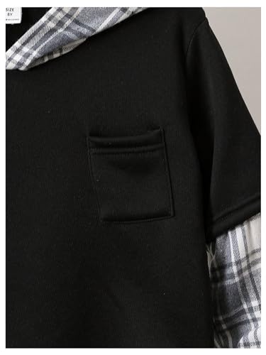 Verdusa Boy's 2 in 1 Hooded Sweatshirt Top Plaid Print Front Pocket Drop Shoulder Hoodie3