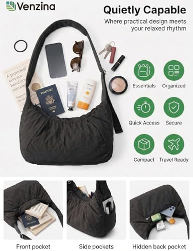Image of Venzina Womens Crossbody Bag Hobo Bag, Cloud-Like Lightweight Everyday & Travel Shoulder Bag, Large Capacity Nylon Purse with Adjustable Quilted Strap, Casual Work Handbag for Women