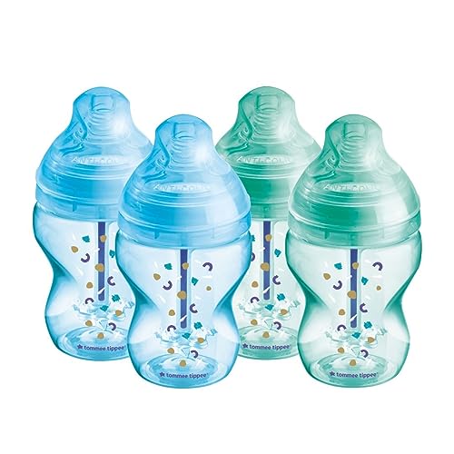 Image of Tommee Tippee Advanced Anti-Colic Baby Bottle, 9oz, Slow-Flow Breast-Like Nipple for a Natural Latch, Triple-Vented Anti-Colic Wand, Pack of 4, Blue and Green