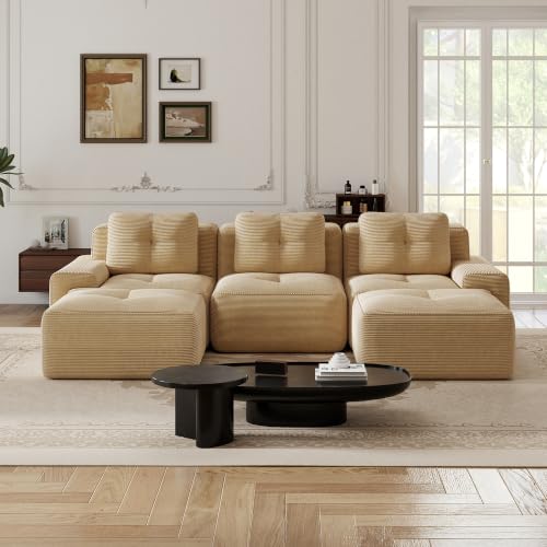 Image of 117 inch U-Shaped 3-Seater Modular Boneless Couch with 2 Ottomans, Cozy Corduroy Upholstery, Deep Seat Cloud sectional Sofa, No Assembly Anti-Slip Stable Design, Camel