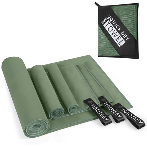 Quick Dry Travel Towel, 3 Sizes 1 Pack Camping Microfiber Towel, Lightweight Fast Drying Towels Set 60″x30″, 30″x15″, 15″x15″ w/Bag for Gym, Beach, Hiking, Swimming, Army Green