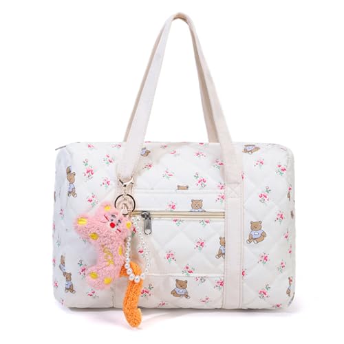 Puffer Duffle Bag for Women, Large Capacity Quilted Duffle Bag with Cute Charm, Cute Floral Coquette with Zipper Carry on for Girls Travel Puffer for Women
