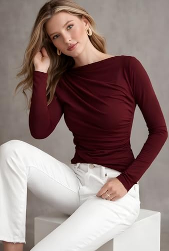 Image of SIGHTBOMB SOFTLINE Boat Neck Low Neck Drape Look Gathered Waterfall Afford LUX Edition Formal WEAR Long Sleeve Feather Touch TOP for Women