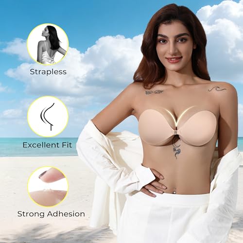 Image of Strapless Sticky Bra Push Up for Women, Adhesive Silicone No Show Bra for Backless Dress, Invisible Reusable V Shape