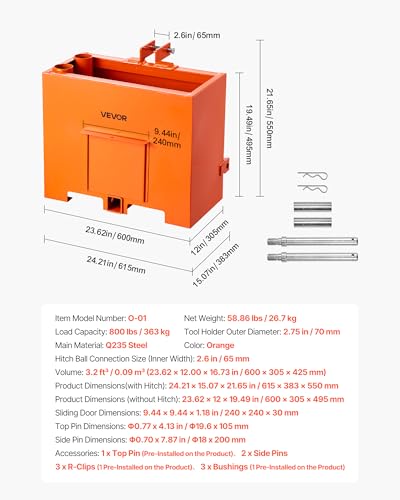 Image of VEVOR Ballast Box, 3-Point Category 1 Tractor Ballast of 800 lbs Capacity, Standard 2 Inch Hitch Receiver, Heavy-Duty Steel 3.2 ft Large Volume Durable Loader Attachment with Sliding Door, Orange