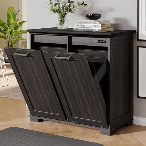 UpWiew Armario de basura inclinable de madera, doble puerta, 2 x 10 galones, acabado espresso